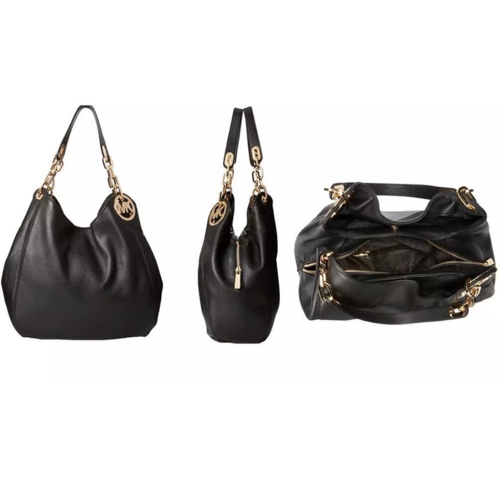 NWT! 🖤 MICHAEL Michael Kors • Fulton Large Leather Shoulder Bag - Black / Gold - Picture 2 of 16